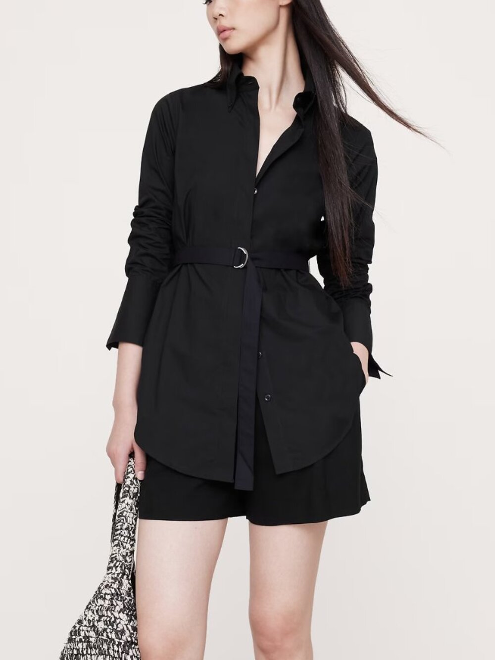 NWT Banana Republic Black Cotton Poplin Belted Button-Up Tunic Shirt XL